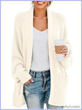 Womens Open Front Cardigan Chunky Long Sleeve Loose Knit Sweater Coat Pockets